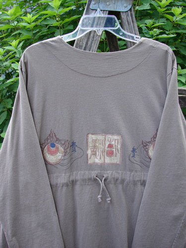 1999 Triangle Jacket Far Eastern Shale Size 1 features a deep V neckline, oversized painted pockets, and a drawcord back, showcasing Blue Fish's signature style.