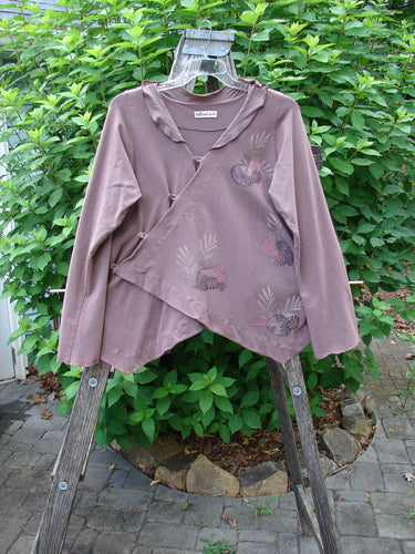 Barclay Cotton Lycra Tiny Button Cross Over Top Galaxy Dusty Burgundy Size 0 displayed on a swinger, featuring a unique wrap front, flowing collar, and button loops, embodying BlueFishFinder's vintage creative style.
