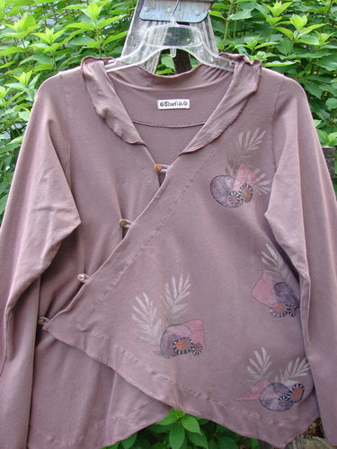 Barclay Cotton Lycra Tiny Button Cross Over Top Galaxy Dusty Burgundy Size 0 features a unique cross-over button wrap front, batiste collar, gathered sides, and lettuce-edged sleeves, embodying BlueFishFinder's vintage, creative flair.