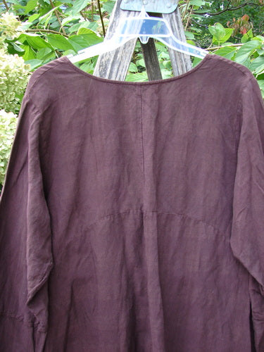 Barclay NWT Linen Geoides Pocket Duster Unpainted Armagnac Red Plum Size 1, a loose-fitting, long-sleeved tunic, hangs on a clear hanger with visible wooden stepladder and foliage in the background.