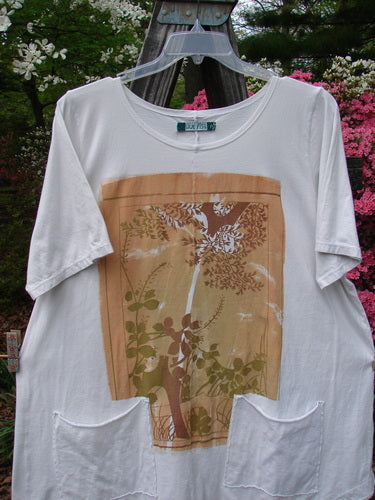 Barclay Short Sleeved Two Pocket Twinkle Top Leaf Fern Light Natural Size 2, features a tree design, rounded neckline, and short wide sleeves.