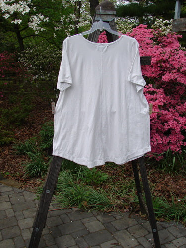 Barclay Short Sleeved Two Pocket Twinkle Top Leaf Fern Light Natural Size 2 on a clothes rack, showcasing its rounded neckline, two front pockets, short wide sleeves, and softly rounded A-lined shape.