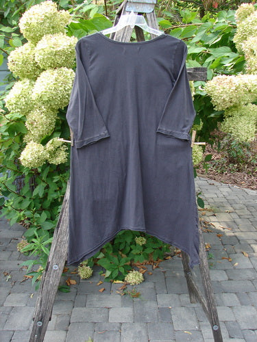 Barclay NWT Sunny Day Pocket Tunic Dress Flutter Bamboo Steel Meteorite Size 1, displayed on a wooden A-frame ladder, showcases a loose-fitting design with an asymmetrical hem and three-quarter sleeves.