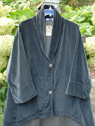 Barclay NWT Velvet Opera Pocket Coat in Unpainted Blue Black Size 0, featuring a shawl collar, two front buttons, cuffed three-quarter sleeves, and a flared hem, hanging outdoors.