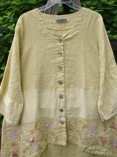 Barclay Linen Wonderland Sectional Banded Cardigan Daisy Chain Celery Size 1 features whimsical daisy chain patterns, belled sleeves, thick pearly buttons, and unique horizontal panels, embodying Bluefishfinder.com's vintage charm.