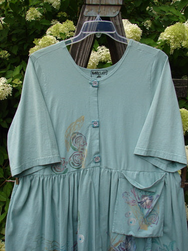 Barclay Flower Garden Tunic Dress Dragonfly Aloe Size 2 displayed on a swinger, featuring ceramic buttons, pleated skirt, varying hemline, rounded neckline, and painted dragonfly theme.