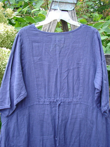 Barclay NWT Linen Process Two Story Dress Mum Ultra Violet Size 0, displayed on a hanger, showcasing its loose-fitting design and long sleeves, set against a backdrop of green plants and wooden trellis.