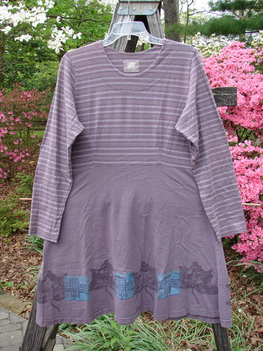 1999 Fitted Circle Dress Dried Pod Grey Plum Stripe Size 0, displayed on a clothes rack, featuring a front and back empire waist seam, flared swingy skirt, and longer cozy sleeves.