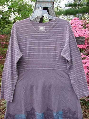 1999 Fitted Circle Dress Dried Pod Grey Plum Stripe Size 0 displayed on a swinger, highlighting its flared, swingy lower skirt and longer sleeves.