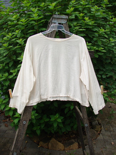 1999 Batiste Boxy Top Unpainted Natural Size 2 displayed on a wooden ladder, showcasing its rounded neckline and billowy sleeves, embodying BlueFishFinder's vintage, creative style.