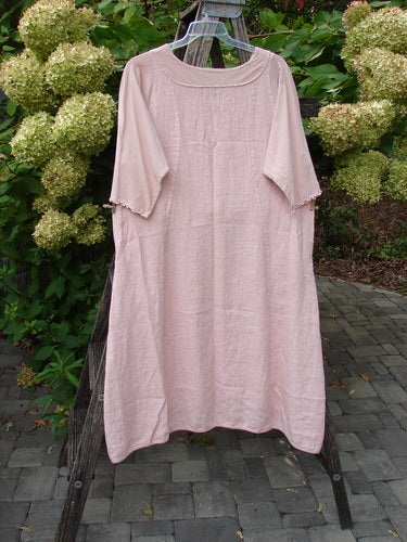 Barclay NWT Linen Le Jardin Cotton Sleeve Pocket Dress Victorian Floral Petal Size 0, displayed on a hanger, features a round neckline, A-line silhouette, and ruffled elbow-length sleeves.