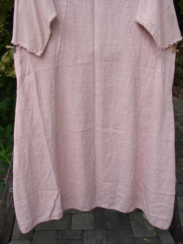 Barclay NWT Linen Le Jardin Cotton Sleeve Pocket Dress in Victorian Floral Petal Size 0, displayed outdoors, features short ruffled sleeves and a loose fit, crafted from medium-weight, slightly wrinkled linen.