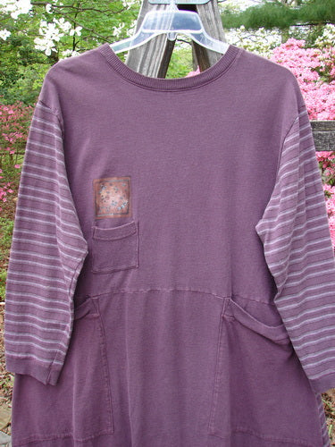 1999 Teacher's Dress Forest Sprig Blackberry Stripe Size 2 displayed on a wooden hanger, featuring gathered elastic ribbing on cuffs, neckline, and hemline, with unique prints and large exterior wrap-around pockets.