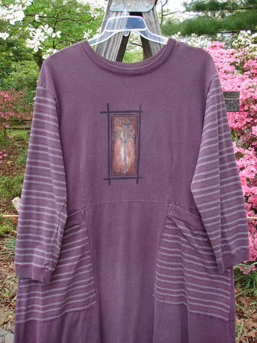 1999 Teacher's Dress Forest Sprig Blackberry Stripe Size 2 with unique contrasting prints, gathered elastic ribbing on cuffs, neckline, hemline, and large exterior wrap-around pockets.