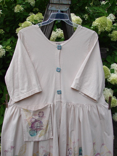 Barclay Flower Garden Cardigan Dress Dragonfly Natural Size 2 displayed on a hanger, featuring a ceramic three-button front, open lower front, and full pleated skirt with a painted dragonfly theme.