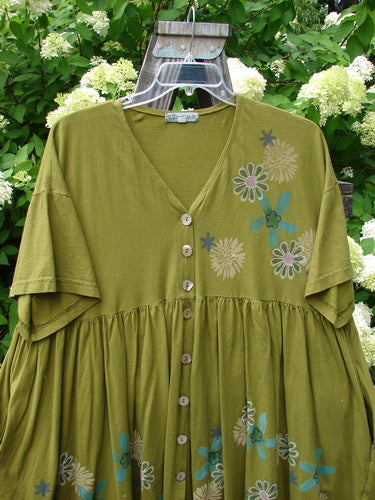 Barclay Tree Top Cardigan Dress Floral Blossom Olive Size 3, featuring a green dress with a floral pattern, V-neckline, thick pearly buttons, empire waist, and flouncy gathered hem.