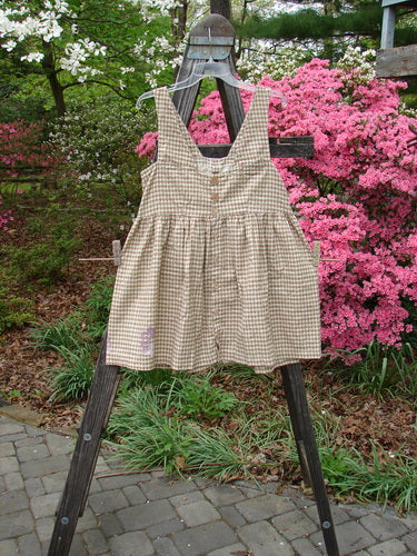 1996 Woven Roadside Jumper Flower Wheel White Pine Gingham Size 1 displayed on a wooden stand, featuring wooden buttons, pleated lower, squared neckline, and empire waist seam.