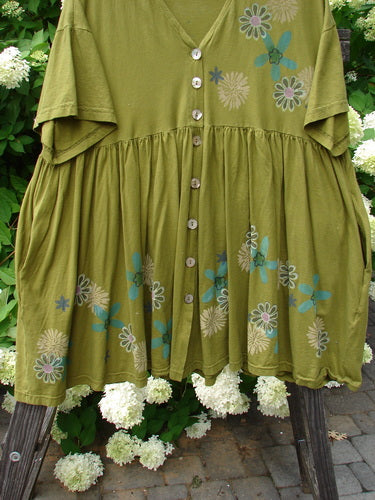Barclay Tree Top Cardigan Dress Floral Blossom Olive Size 3 featuring a baby doll style, V-shaped neckline, thick pearly buttons, gathered full lower, and floral pattern on lightweight organic cotton.