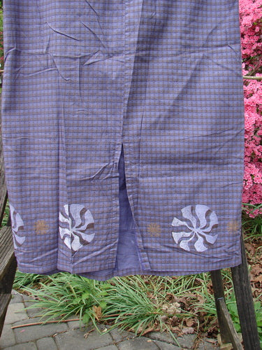 1996 Woven Clambake Skirt Wind Pinwheel Niagara Gingham Size 2, featuring a purple and white design with a partial front tie waist and back elastic, perfect for vintage fashion enthusiasts.