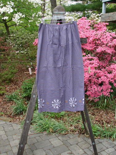 1996 Woven Clambake Skirt Wind Pinwheel Niagara Gingham Size 2 displayed on a wooden ladder, showcasing the partial front tie waist and rear elastic waistband.