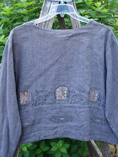 Barclay Hemp Cotton Cayman Shirt Blue Denim Circle Floral Size 0 features a distinctive circle floral pattern, a wide bottom panel, and shell buttons, embodying a graceful A-line flair with dynamic drape.