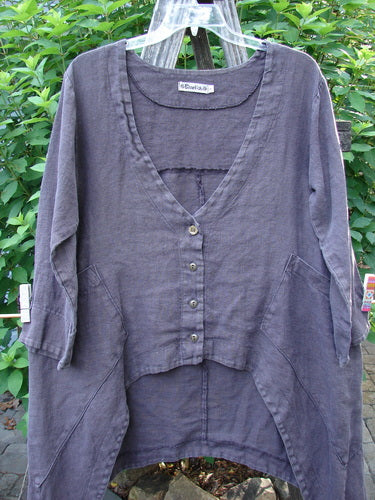 Barclay Hemp Cotton Summercloth Dip Side Pocket Jacket Pinwheel Brum Size 1 features a deep V-neckline, three-quarter banded sleeves, dramatic hemline, and angular pockets, showcasing durable fabric's elegant drape.