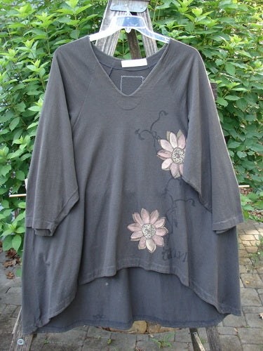 1998 Botanicals Bell Flower Top CXLVIII Raven Size 2, featuring a floral garden theme design with belled A-line shape, upward scooped front hem, softly rounded neckline, and sectional panels.