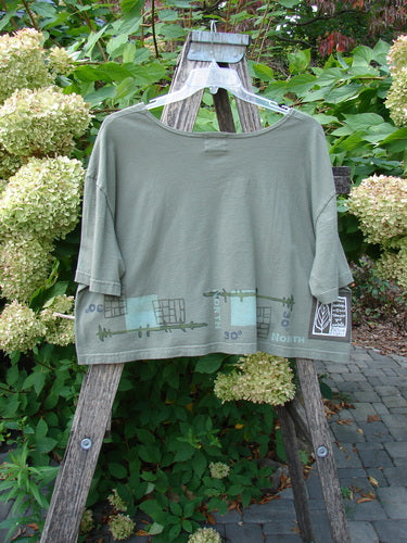 2000 City Side Crop Tee Top Navigation Border Park Size 2 features a loose-fitting, olive-green design with compass-themed hem graphics, draped on a ladder amidst greenery, highlighting its vintage Blue Fish charm.