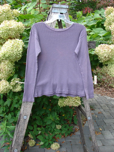 1998 Pointelle Long Sleeved Under Top Unpainted Modena Size 1, displayed on a rustic ladder in a garden setting, highlights its soft rib knit texture and rolled neckline, ideal for layering.