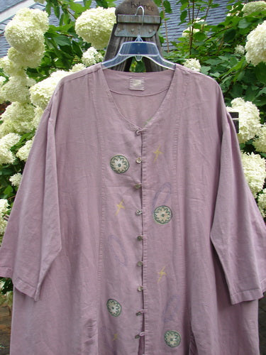 1999 Parlor Jacket Circle Florals Heliotrope Size 2, featuring nine abalone buttons, V-shaped neckline, gathered front and back, side pockets, and painted floral design, in perfect condition.