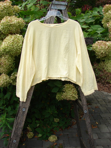 1999 Batiste Boxy Top Unpainted Buttercup Size 2 displayed on a clear hanger against a garden backdrop, featuring a rounded neckline, billowy sleeves, and side vents for a breezy, vintage look.