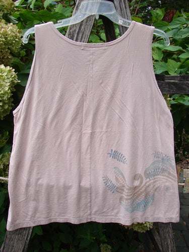 Barclay Batiste Tank Top Fern Wind Blush Size 1 on a weathered wooden support, featuring a subtle botanical print in muted blues and grays, showcasing a graceful, sleeveless design with a deeper neckline.