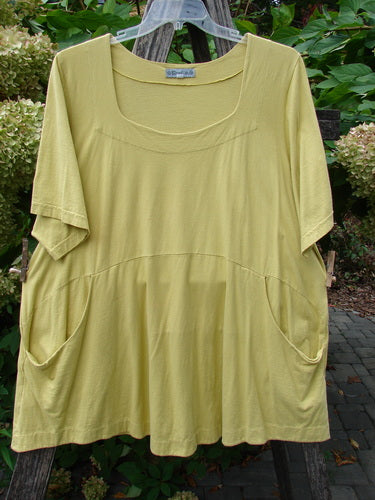 Barclay Seedling Top Unpainted Sunshine Size 2, features a loose fit, scooped neckline, short sleeves, and side-seam pockets, hanging amidst garden foliage, embodying Blue Fish Clothing's vintage-inspired creativity.