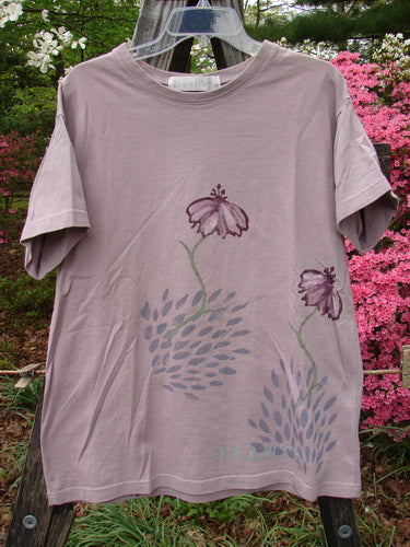1998 Botanicals Short Sleeved Tee Echinacea Passiflora Size 0 features vibrant floral designs on medium weight organic cotton, with a ribbed neckline and straight shape, showcasing Blue Fish's vintage charm.