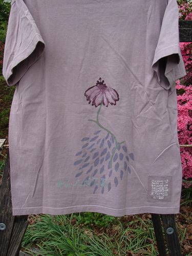 1998 Botanicals Short Sleeved Tee Echinacea Passiflora Size 0 featuring a vibrant floral design on medium-weight organic cotton with a ribbed neckline and signature Blue Fish patch.