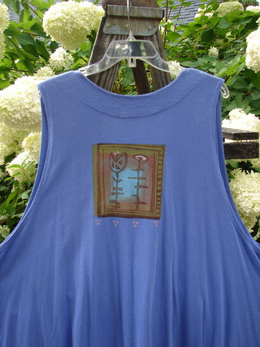 1997 Simple Vest Flower Sprig Skylark Size 2, organic cotton with a varying scooped hemline, deep side pockets, oversized knotted buttons, and a flower sprig theme painted with a signature Blue Fish patch on the back.
