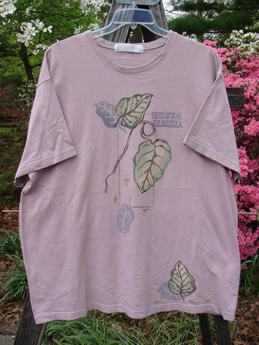 1998 Botanicals Short Sleeved Tee Turn Leaf Passiflora Size 2, featuring a longer boxy shape, organic cotton, superior turn leaf theme, ribbed neckline, and Blue Fish patch.
