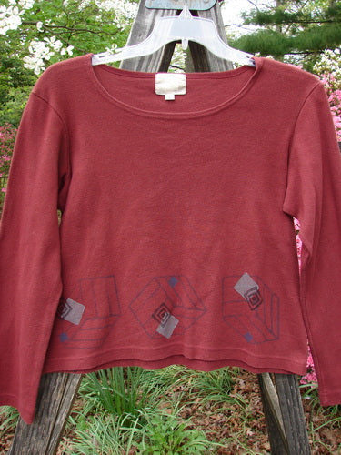 1999 Round Neck Rib Top Cubist Woodberry Size 1, showcasing a short, boxy shape with a flared hemline, ribbed texture, and a continuous cubist theme pattern.