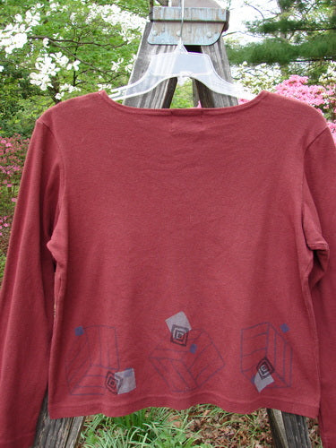 1999 Round Neck Rib Top Cubist Woodberry Size 1, featuring a cubist theme design on ribbed, thick cotton fabric with a boxy shape and flared hemline.