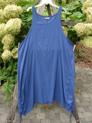 Barclay Batiste Side Gather Back Draw Shift Dress Unpainted Royal Blue Size 2, displayed on a trellis, features a scoop neckline, seamless design, and adjustable side gathers, embodying Bluefishfinder's vintage, expressive style.