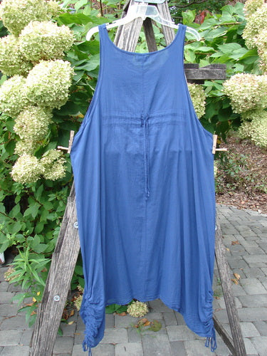 Barclay Batiste Side Gather Back Draw Shift Dress Unpainted Royal Blue Size 2 displayed on a ladder, showcasing its sleeveless design, scoop neckline, deep armholes, and adjustable side ties.