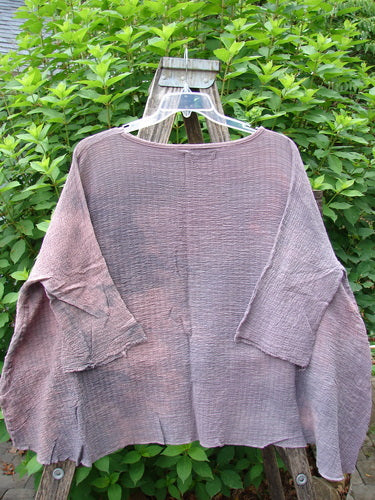 Barclay NWT Crinkle Gauze Top Mottled Smokey Rose Quartz OSFA displayed outdoors, showcasing its wide, boxy shape, high-low hemline, and three-quarter dolman sleeves on a hanger against a natural backdrop.