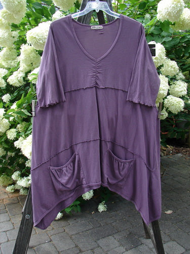 Barclay Vertical Gather Drop Pocket Dress Unpainted Dusty Plum Size 2 displayed on a hanger, showcasing a varying hemline, vertical gather, and front drop pockets.