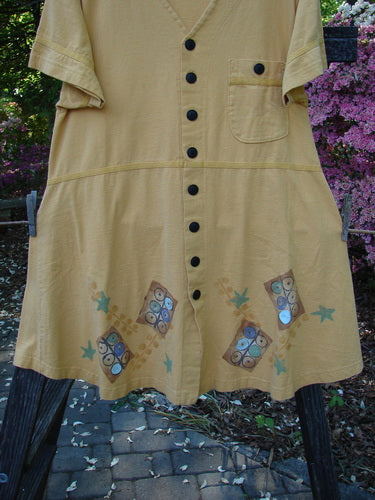 1998 Baseball Dress Games Lemonade Size 0 featuring black buttons, deep V-neckline, buttoned breast pocket, drop waist seam, A-line lower sweep, and Blue Fish patch.