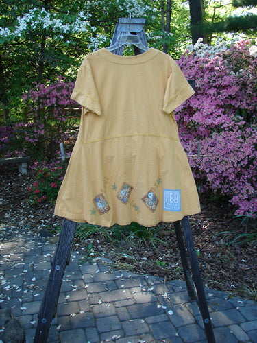 1998 Baseball Dress Games Lemonade Size 0 showcased on a hanger, featuring a deep V neckline, dark buttons, paneled breast pocket, and drop waist seam, highlighting its vintage Blue Fish Clothing design.