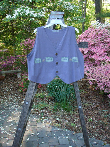 1996 Folk Vest Fish Star Purple Martin Size 2 displayed on a wooden stand, showcasing a lightweight organic cotton with matching buttons and a slightly cropped rear.
