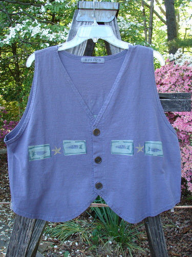 1996 Folk Vest Fish Star Purple Martin Size 2, featuring fish designs, V neckline, matching buttons, shirttail front, and cropped rear. Made from lightweight organic cotton in perfect condition.