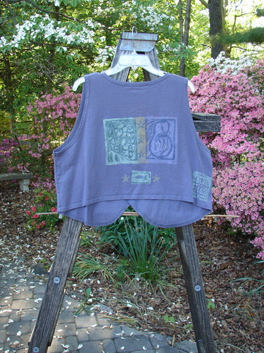 1996 Folk Vest Fish Star Purple Martin Size 2 displayed on a wooden stand, featuring a slightly cropped rear, shirttail front, matching buttons, and signature Blue Fish star theme paint.