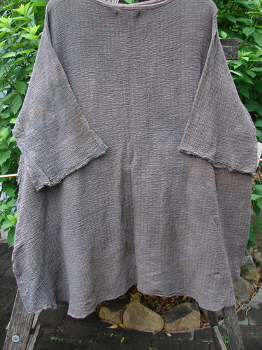 Barclay NWT Crinkle Gauze Ana Tunic Dress in Mottled Latte, showcasing wide three-quarter sleeves with frayed edges and a varying hemline, highlighting BlueFishFinder's unique vintage style.