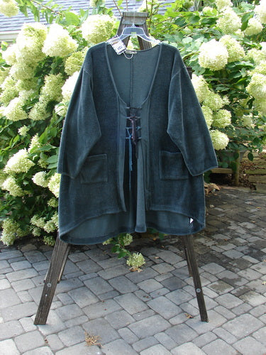 Barclay NWT Chenille Rippie Tie Robe Jacket Unpainted Urban Forest Size 2 displayed on a rack, featuring drop front pockets, A-line shape, varying hemline, and loop closures.